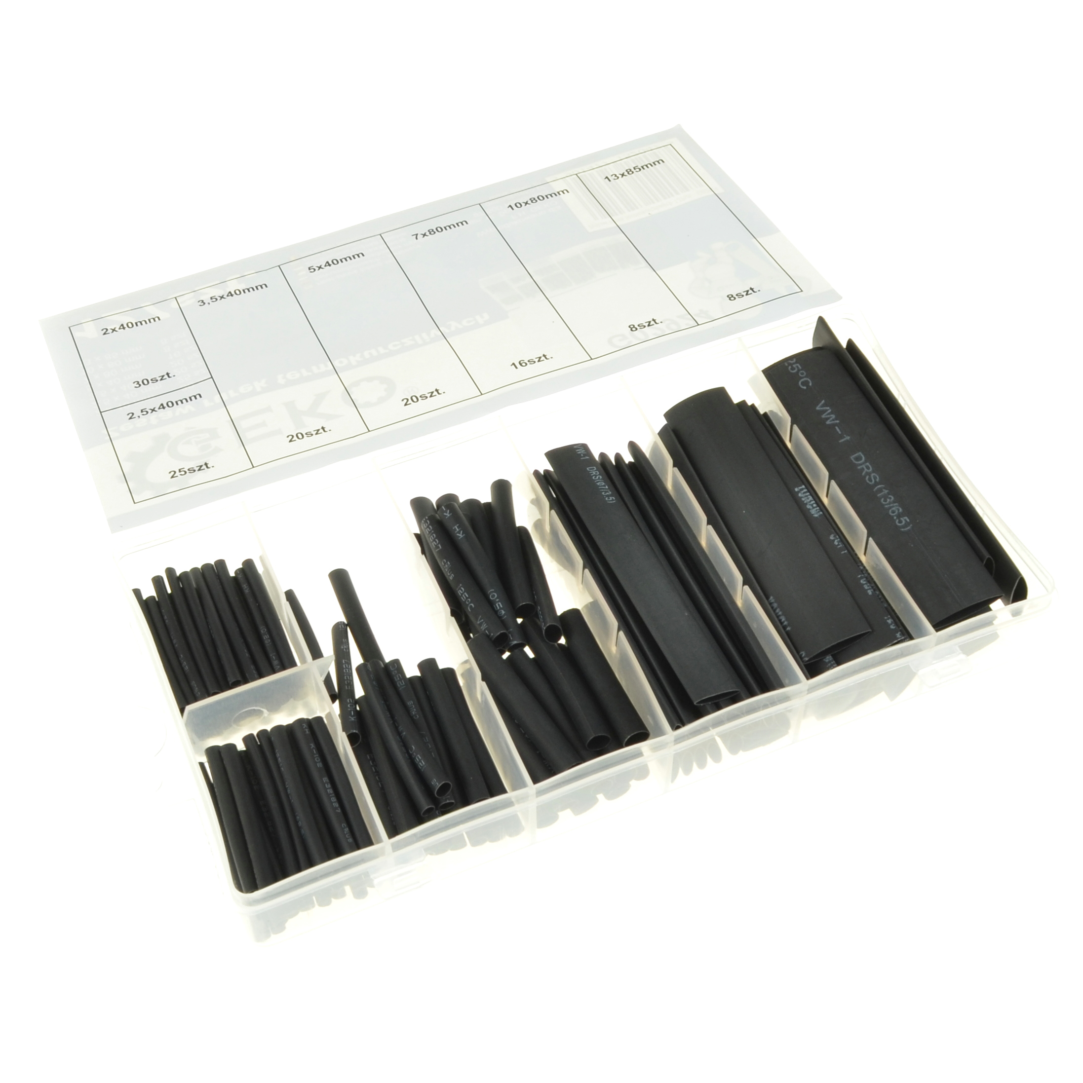 Universeel Assortimentset Krimpkousen 7 Maten 127-delig: 30x 2mm X 40mm 25x 2,5mm X 40mm 20x 3,5mm X 40mm 20x 5mm X 40mm 16x 7mm X 80mm 8x 10mm X 80mm 8x 13mm X 85mm Zwart