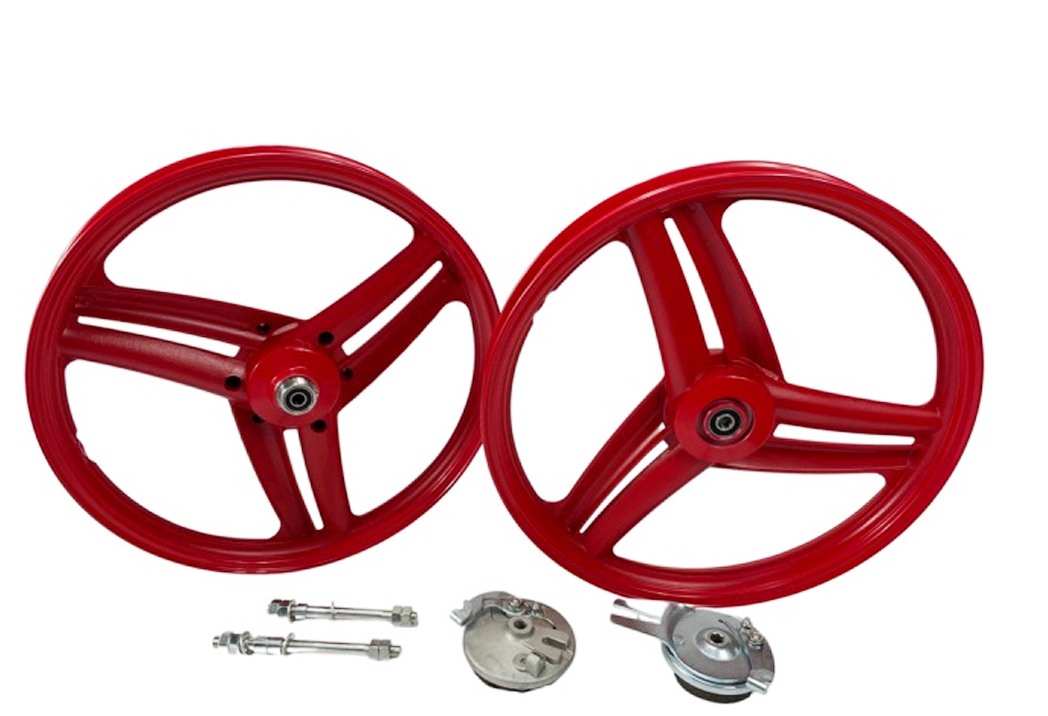 Peugeot 103 - Puch Velgenset 17 Inch Compleet Grimeca Rood Voor Peugeot 103 Mvl (passend Maken Voor Andere Merken) Puch Mbk - 17 X 1.6 Velg Inclusief 12mm Assen En Ankerplaat 6 Razze Elica Velg Set Wiel