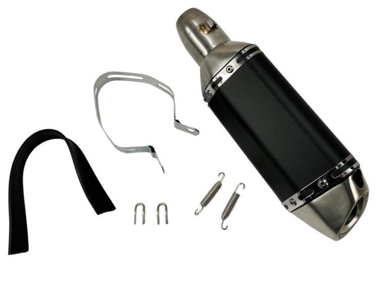 UNIVERSEEL SCOOTER Uitlaatdemper  zwart kort 310mm - 51mm diameter - universele adapter 35-51mm - met DB killer - veren - montageklem met rubber - A-kwaliteit UITLAAT
