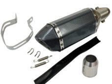Universeel Scooter Uitlaatdemper  Carbon Kort 310mm - 51mm Diameter - Universele Adapter 35-51mm - Met Db Killer - Veren - Montageklem Met Rubber - A-kwaliteit Uitlaat
