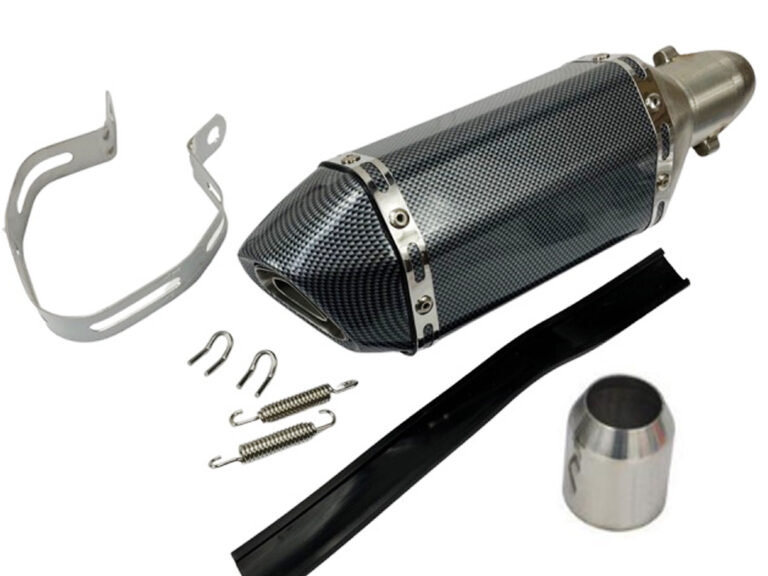 UNIVERSEEL SCOOTER Uitlaatdemper  carbon kort 310mm - 51mm diameter - universele adapter 35-51mm - met DB killer - veren - montageklem met rubber - A-kwaliteit UITLAAT