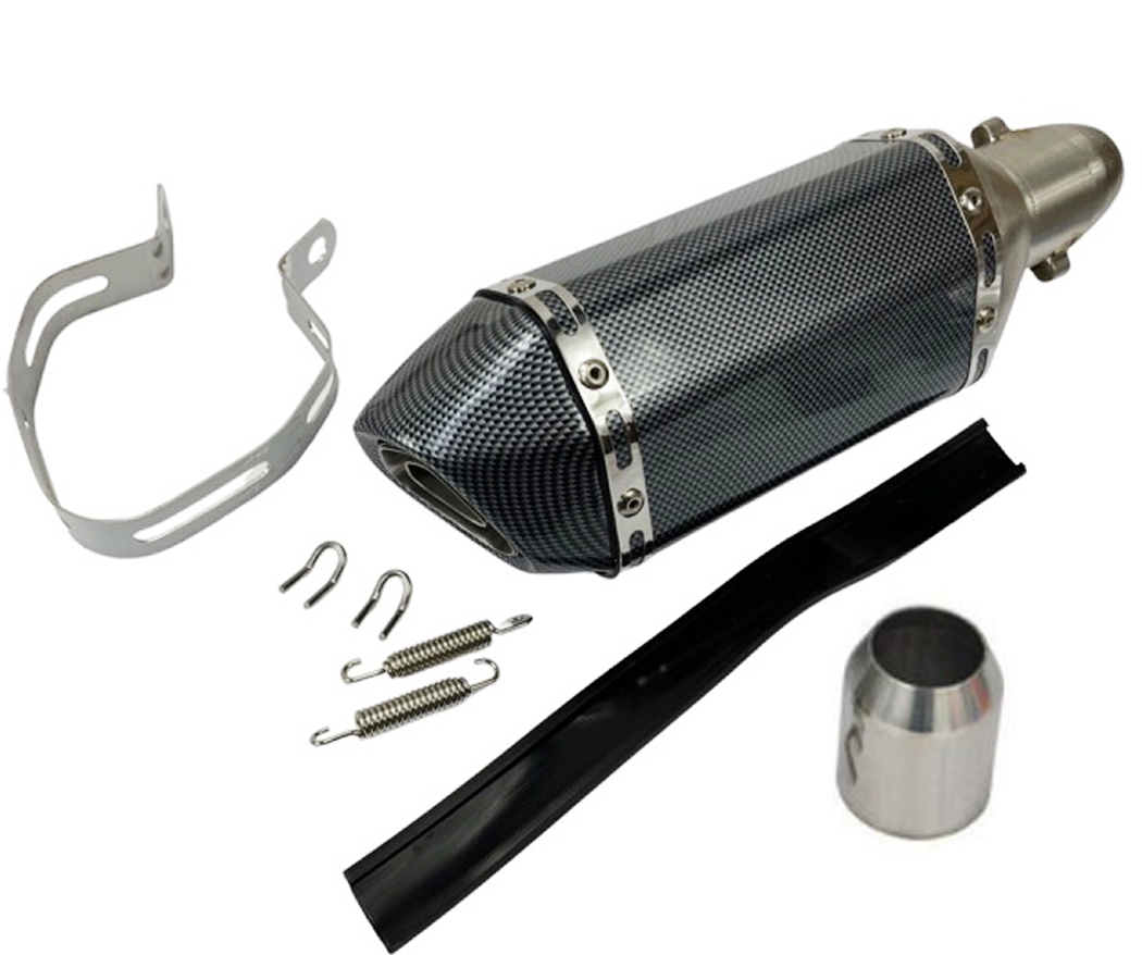 UNIVERSEEL SCOOTER Uitlaatdemper carbon kort 310mm - 51mm diameter - universele adapter 35-51mm - met DB killer - veren - montageklem met rubber - A-kwaliteit UITLAAT