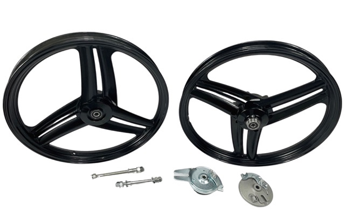PEUGEOT 103 - PUCH MBK Velgenset 17 inch compleet Grimeca zwart voor Peugeot 103 MVL (passend maken voor andere merken) PUCH MBK - 17 x 1.6 velg inclusief 12mm assen en ankerplaat 6 razze elica VELG SET WIEL