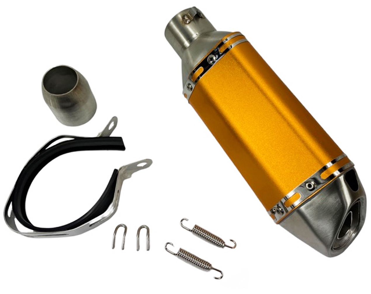 UNIVERSEEL BROMFIETS SCOOTER Uitlaatdemper goud kort 310mm - 51mm diameter - universele adapter 35-51mm - met DB killer - veren - montageklem met rubber - A-kwaliteit UITLAAT