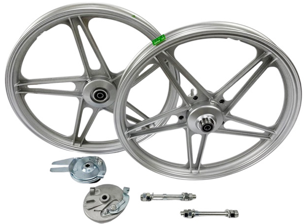 PEUGEOT 103 - PUCH Velgenset 17 inch compleet Bernardi zilver voor Peugeot 103 MVL (passend maken voor andere merken) PUCH MBK - 17 x 1.6 velg inclusief 12mm assen en ankerplaat
