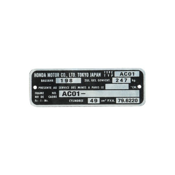 Framenummerplaatje AC01 voor Honda MB5 brommer