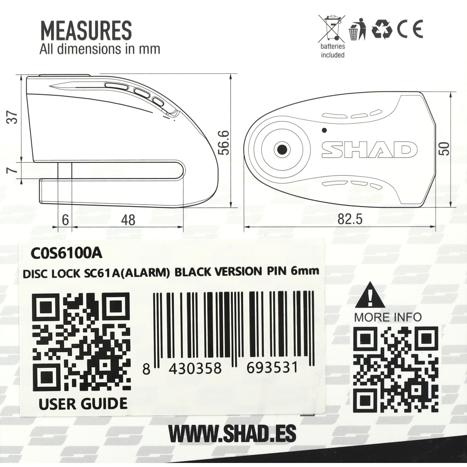 Schijfremslot Shad + Alarm 6mm Zwart Sc61a