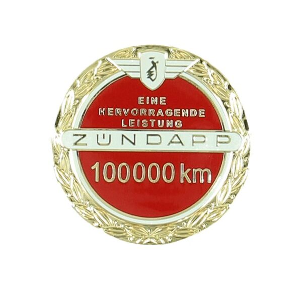 Embleem benzinetank jubileum 100.000 km incl. speldje rood — geschikt voor Zündapp