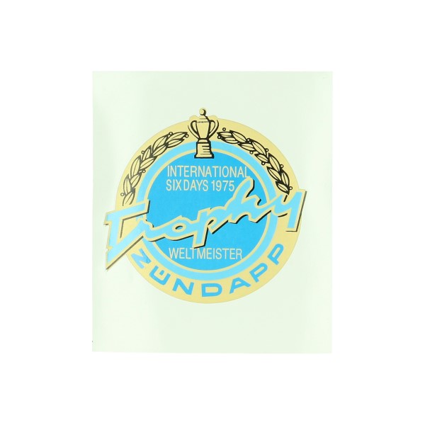 Ronde goud blauwe tanksticker Trophy 1975 voor Zündapp brommer