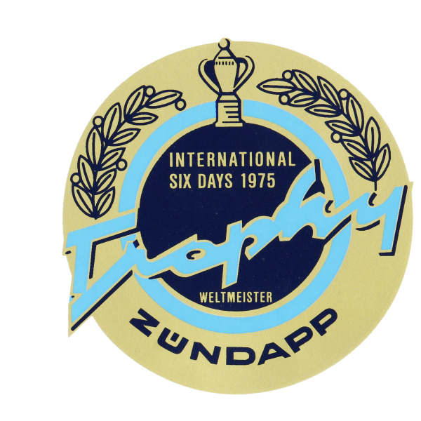 Ronde tanksticker Zündapp Trophy 1975 goud blauw zwart