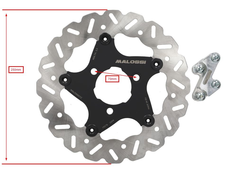 Malossi remschijf 250mm 3-gaats met Whoop disc adapter voor Yamaha Aerox 50