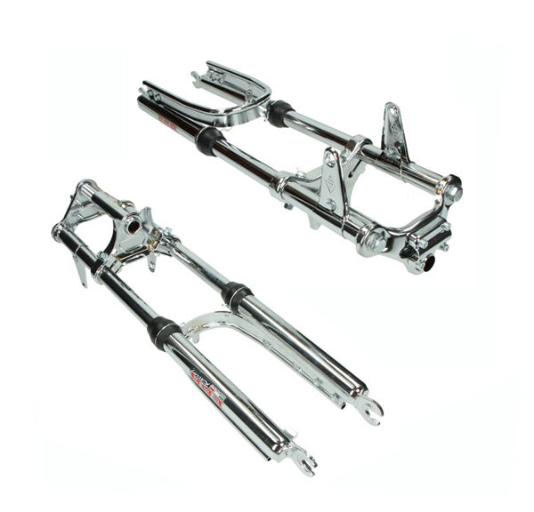 Voorvork EBR lang breed + versterkte stabilisator compleet chroom — geschikt voor Puch Maxi