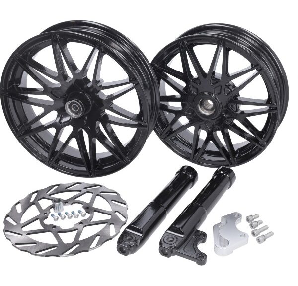 wielset Fast Arrow Pro 11 en 12 inch wiel + oversized remschijfset zwart glans piaggio