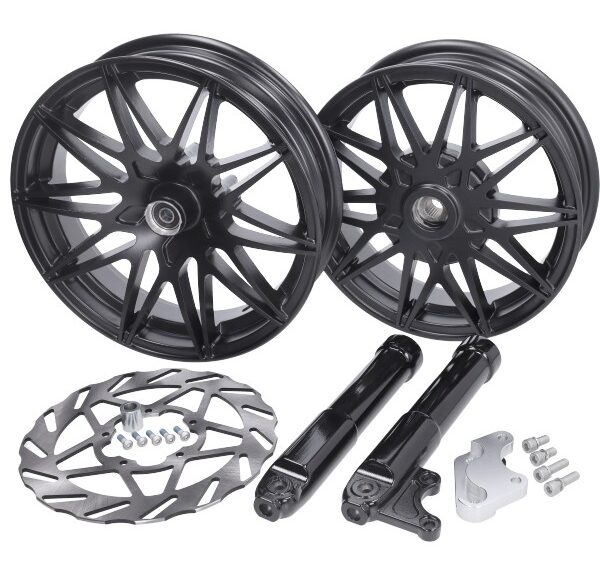 wielset Fast Arrow Pro 11 en 12 inch wiel + oversized remschijfset zwart mat piaggio