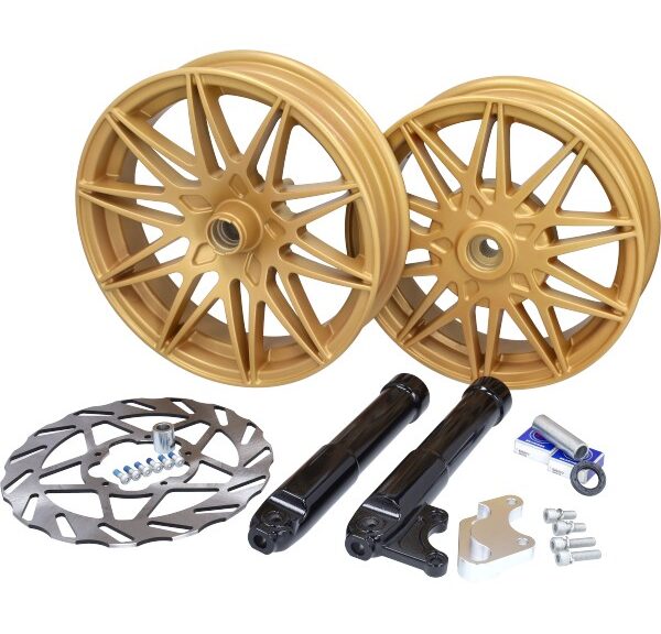 wielset Fast Arrow Pro 11 en 12 inch wiel + oversized remschijfset goud piaggio