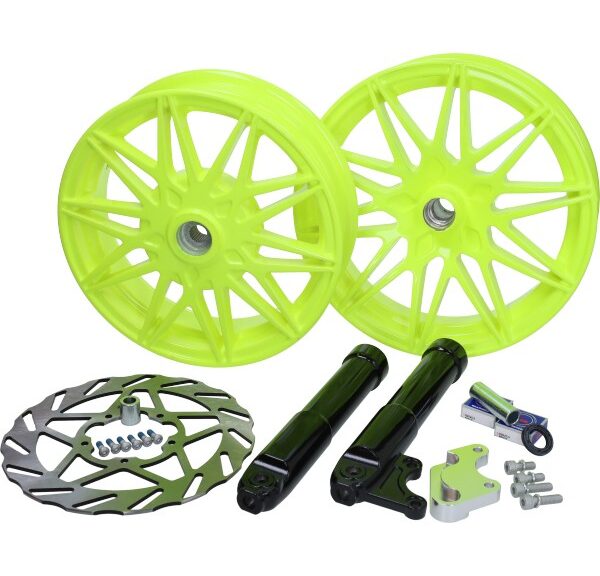 wielset Fast Arrow Pro 11 en 12 inch wiel + oversized remschijfset geel fluor piaggio