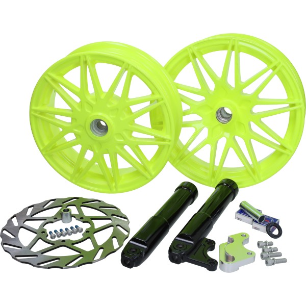 wielset Fast Arrow Pro 11 en 12 inch wiel + oversized remschijfset geel fluor piaggio