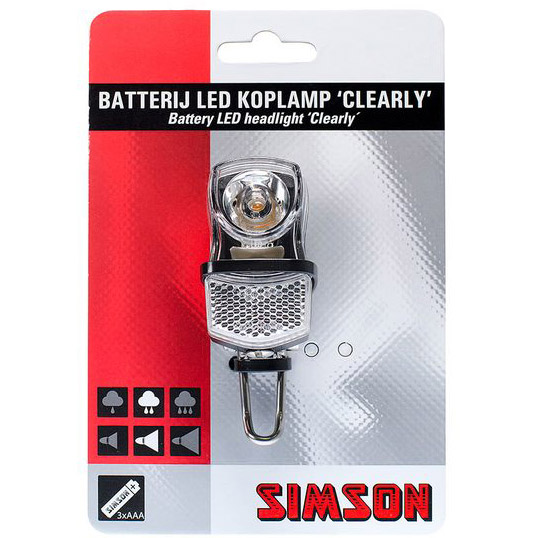 Simson voorvorkkoplamp Clearly LED zwart incl. bat. op kaart