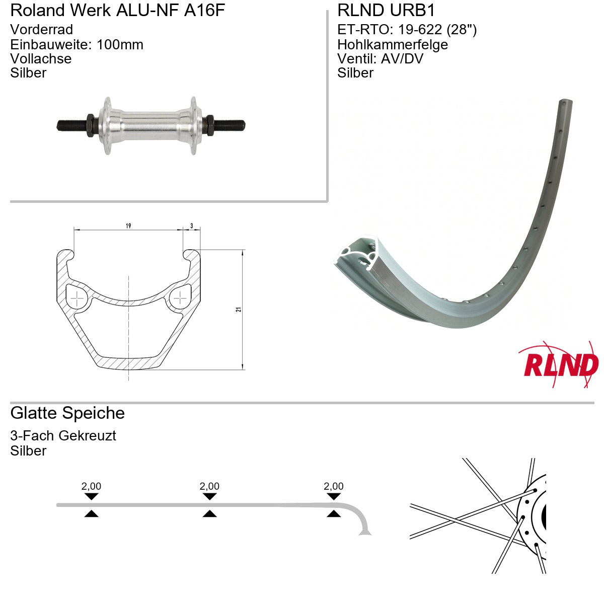 Roland voorwiel URB1 28" 19-622 36g SA ALU-NF zil/zil