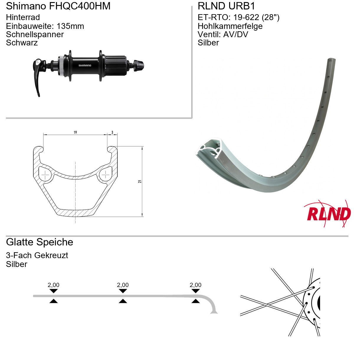 Roland achterwiel URB1 28" 19-622 36g QR FHQC400HM zil/zi