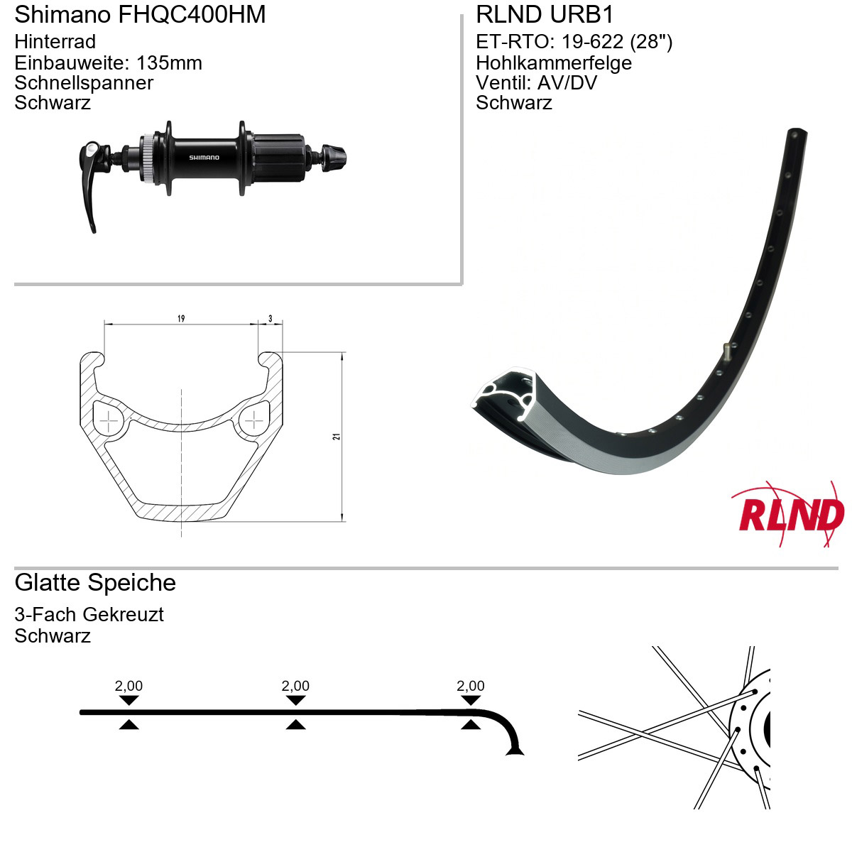 Roland achterwiel URB1 28" 19-622 36g QR FHQC400HM zw/zil