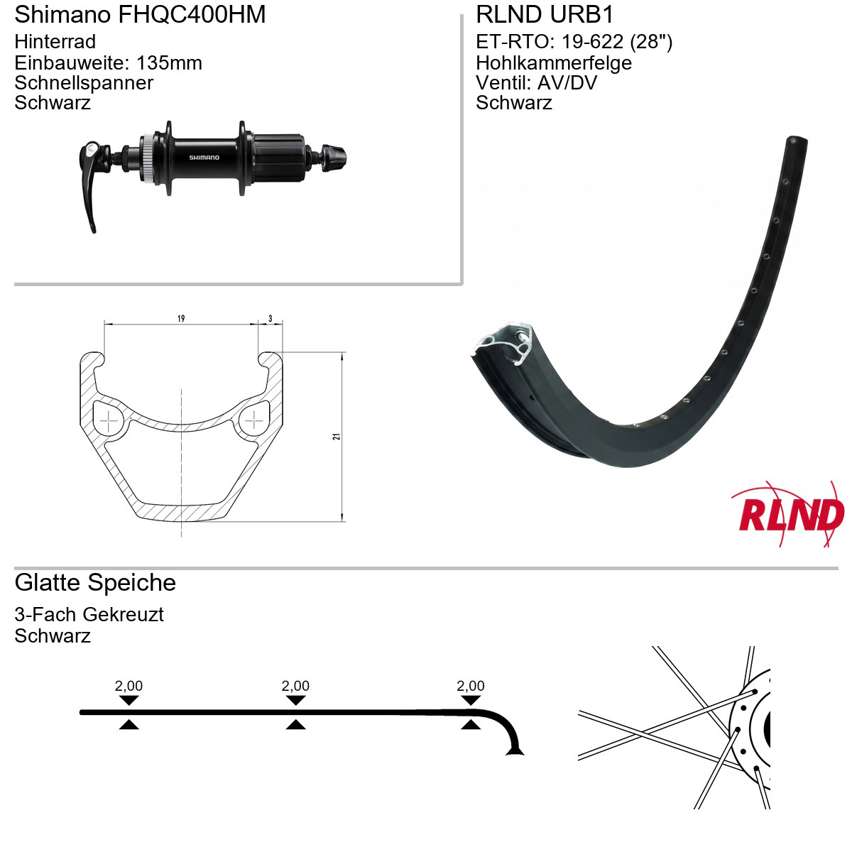 Roland achterwiel URB1 28" 19-622 36g QR FHQC400HM zw/zw