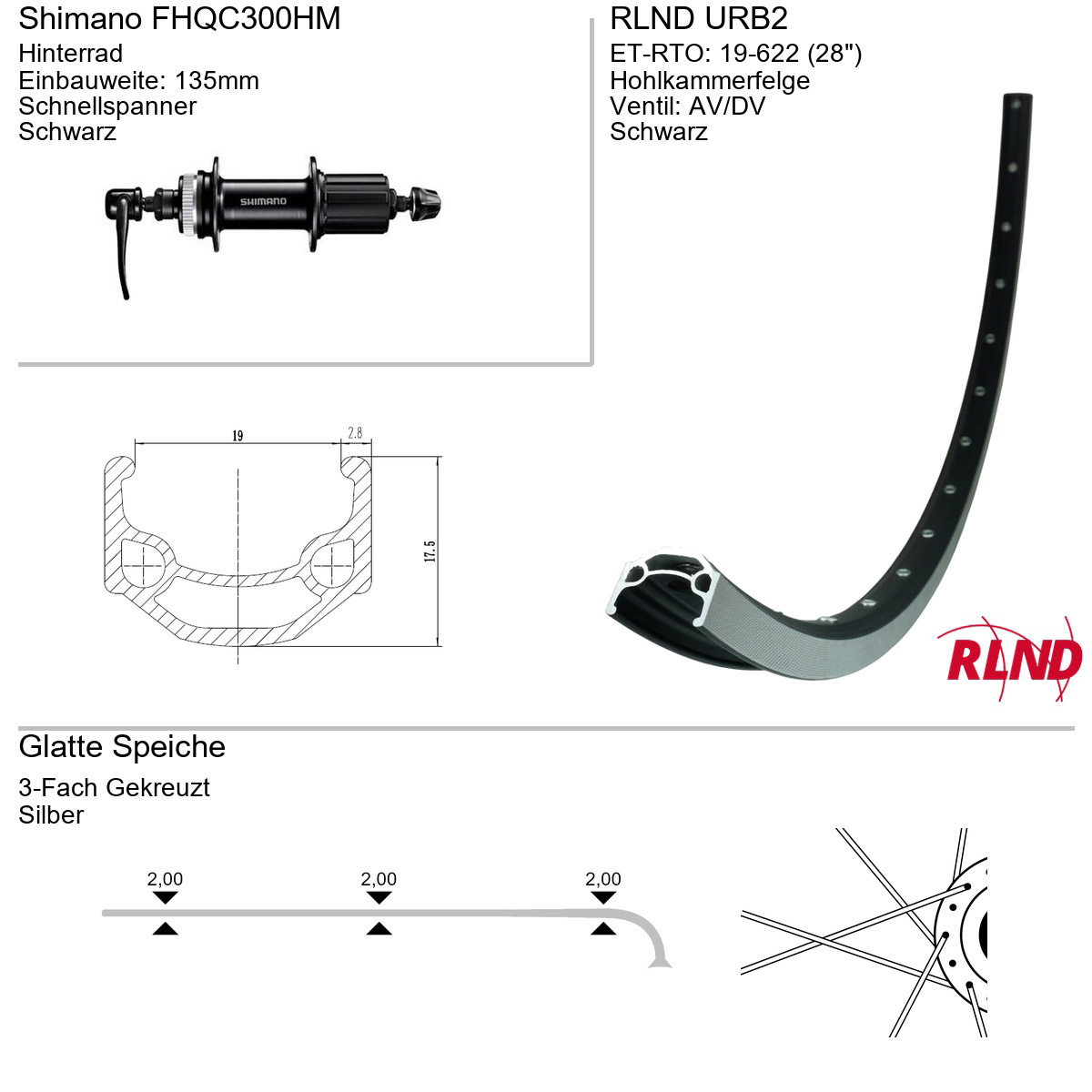 Roland achterwiel URB2 28" 19-622 36g QR FHQC300HM zw/zil