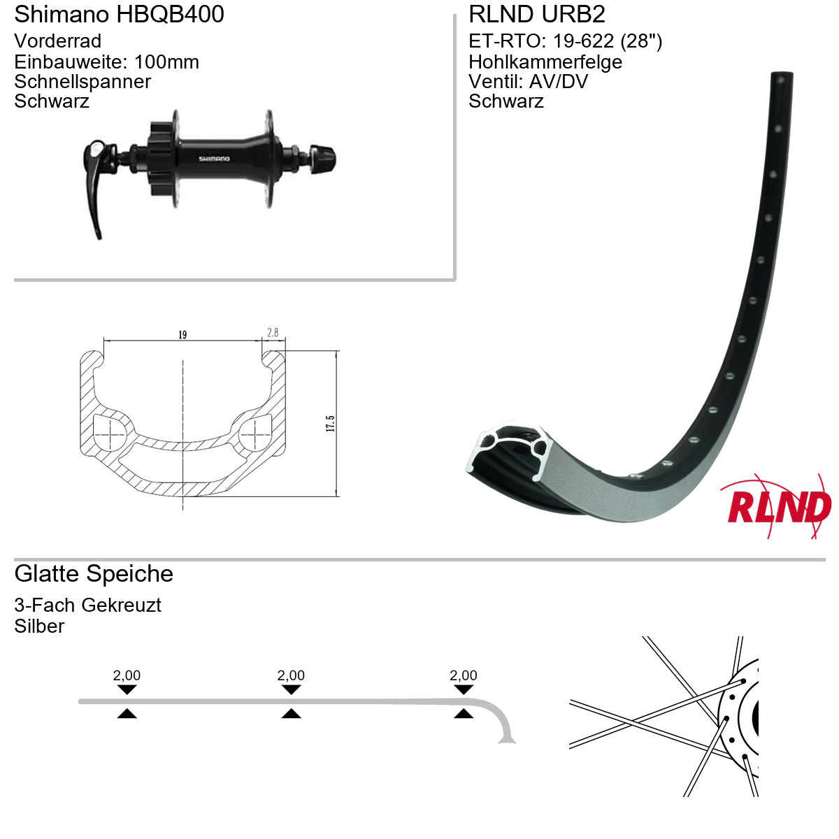 Roland voorwiel URB2 28" 19-622 36g QR HBQB400 zw/zw