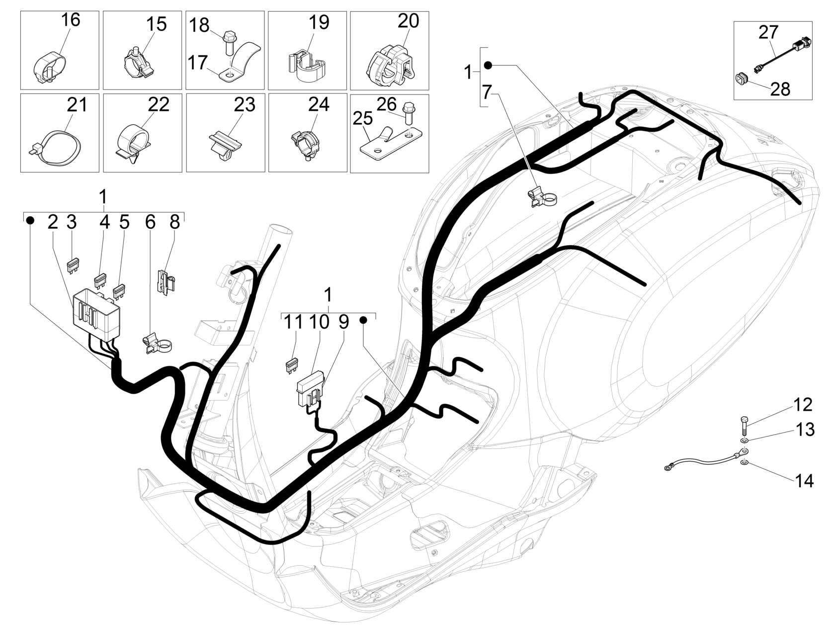 Vespa Primavera 50 4T 4V no ABS E2 2014-2019 NAFTA — Hoofdkabelboom