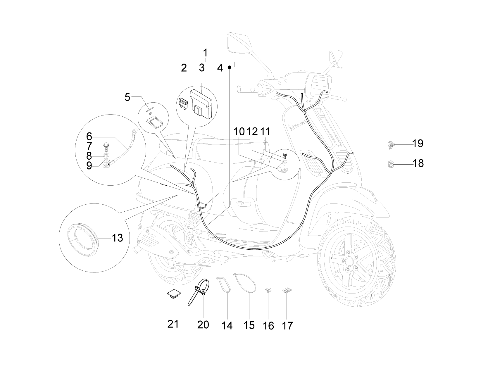 Vespa S 150 4T ie no ABS E3 2011-2013 APAC — Hoofdkabelboom