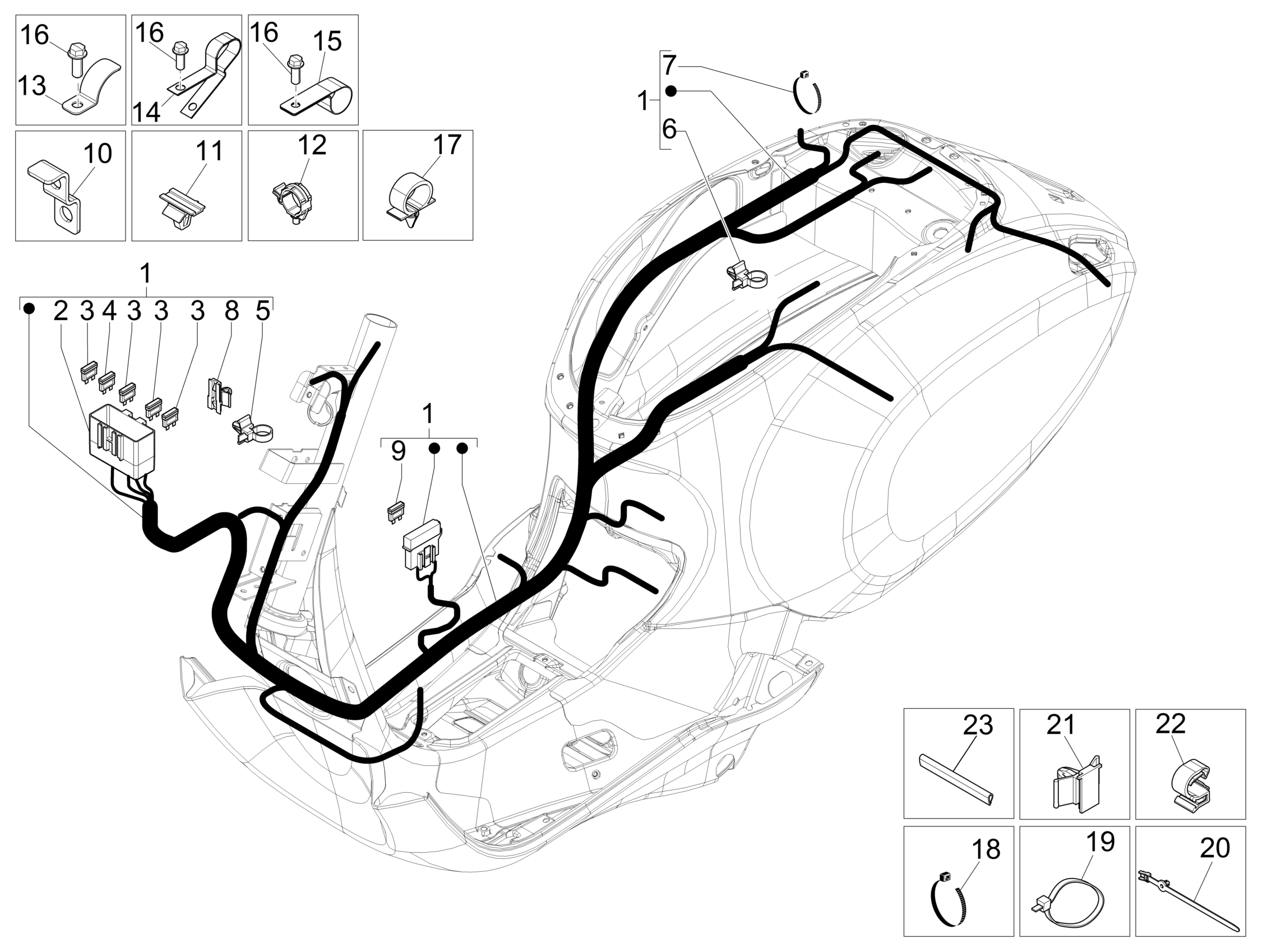 Vespa Sprint 150 4T 3V ie no ABS E2 E3 2015 APAC — Hoofdkabelboom