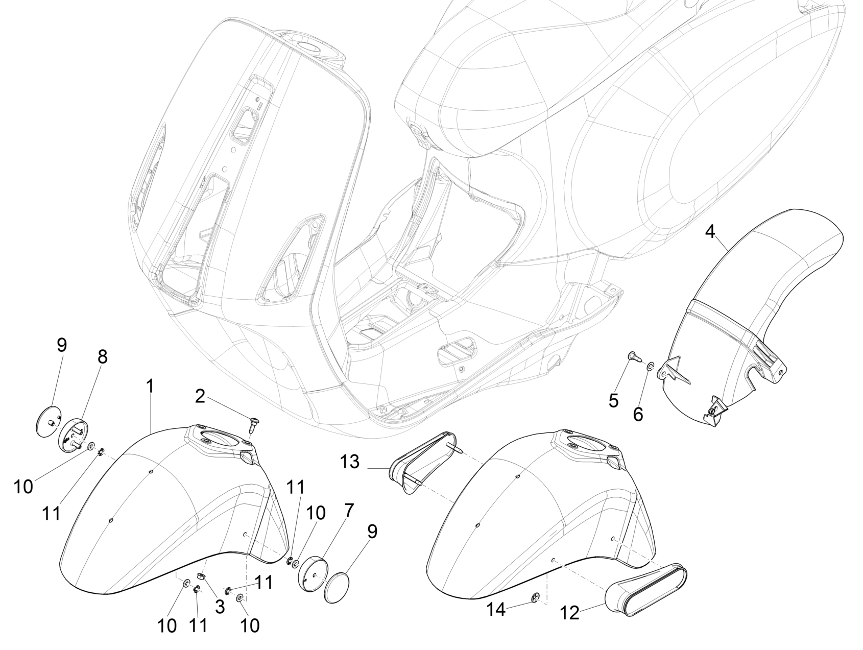 Vespa Sprint 150 4T 3V ie no ABS E2 E3 2015 APAC — Wielkasten-Spatborden