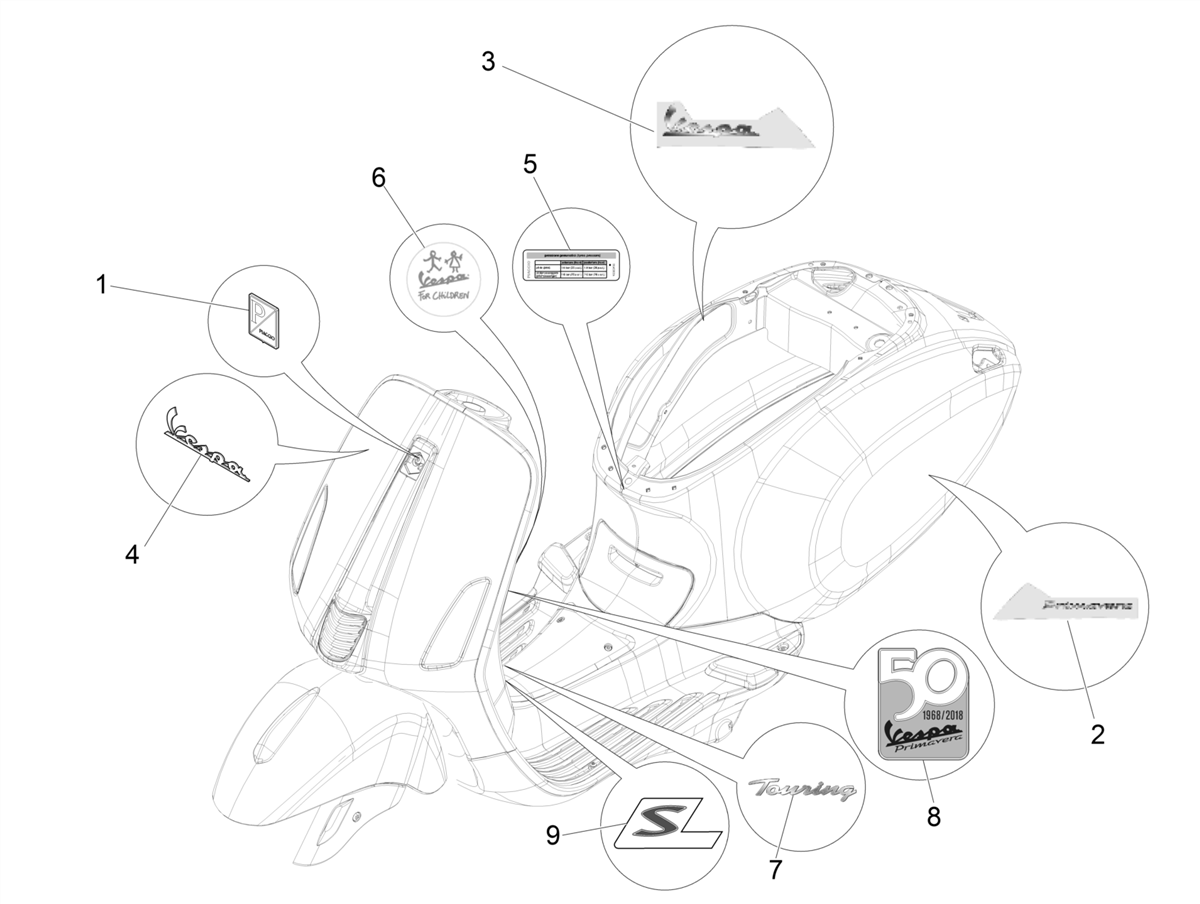 Vespa Primavera 50 4T 3V 25 km/h no ABS E4 2017-2019 EMEA — Stickers-Emblemen