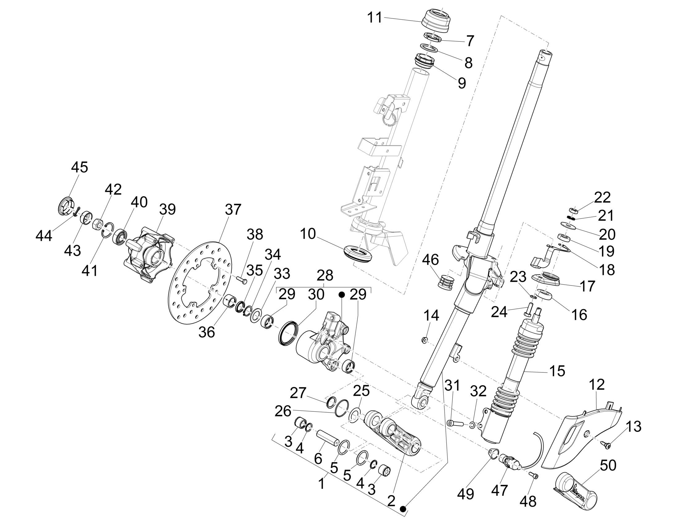 Vespa Primavera 150 4T 3V ie no ABS E3 2015 APAC — Voorvork - Balhoofdset