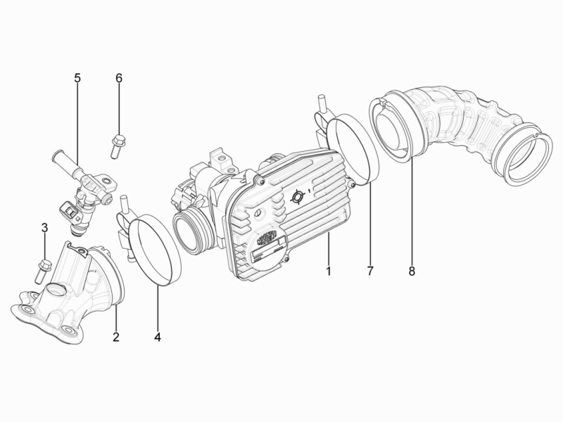 Vespa S 125 College 4T 2V ie no ABS E3 2009-2011 EMEA — Gasklephuis - Injector - Inlaatspruitstuk