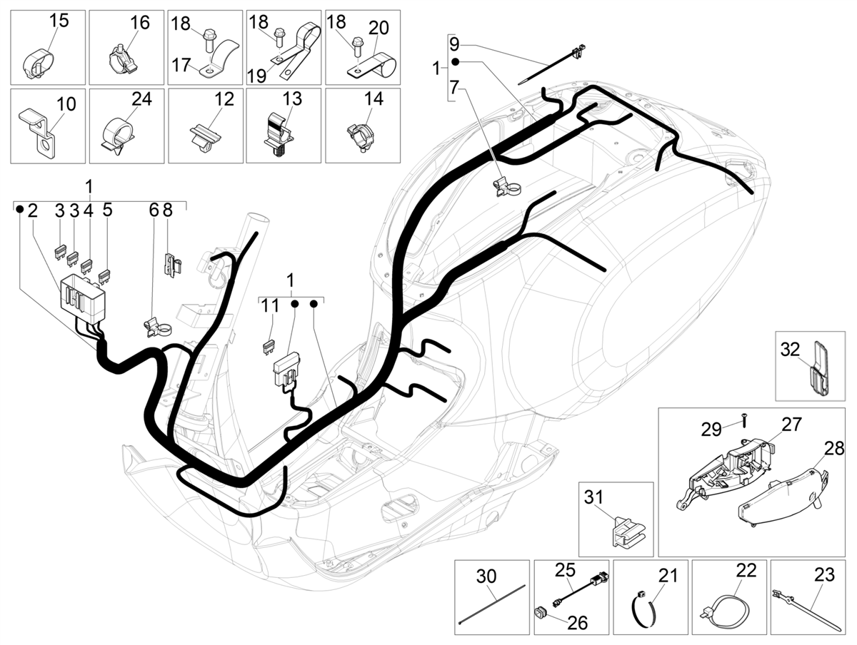Vespa Primavera 150 4T 3V Iget ABS no ABS E2 E3 E4 2016-2023 APAC — Hoofdkabelboom