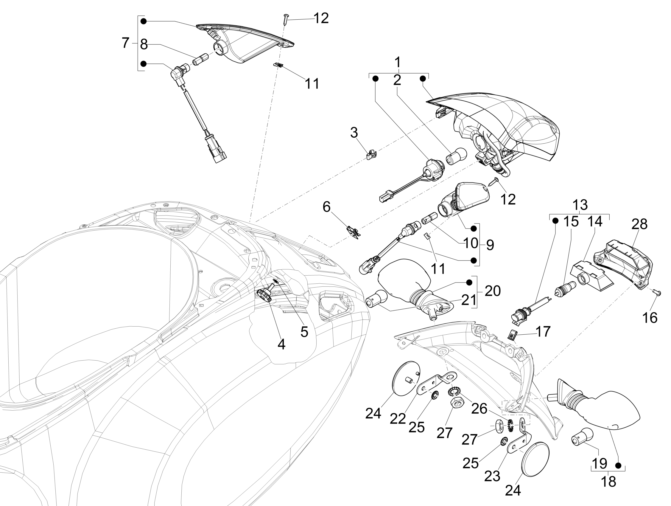 Vespa Primavera 50 4T 4V no ABS E2 2014-2019 NAFTA — Achterlichten - Knipperlichten