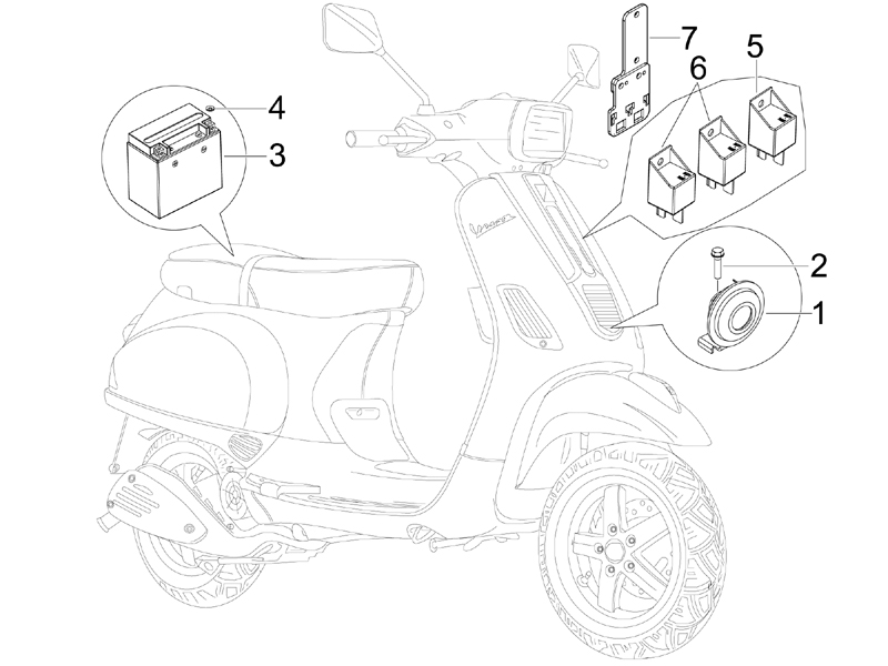 Vespa S 150 4T 2V no ABS E2 2007 NAFTA — Relais-Accu-Claxon