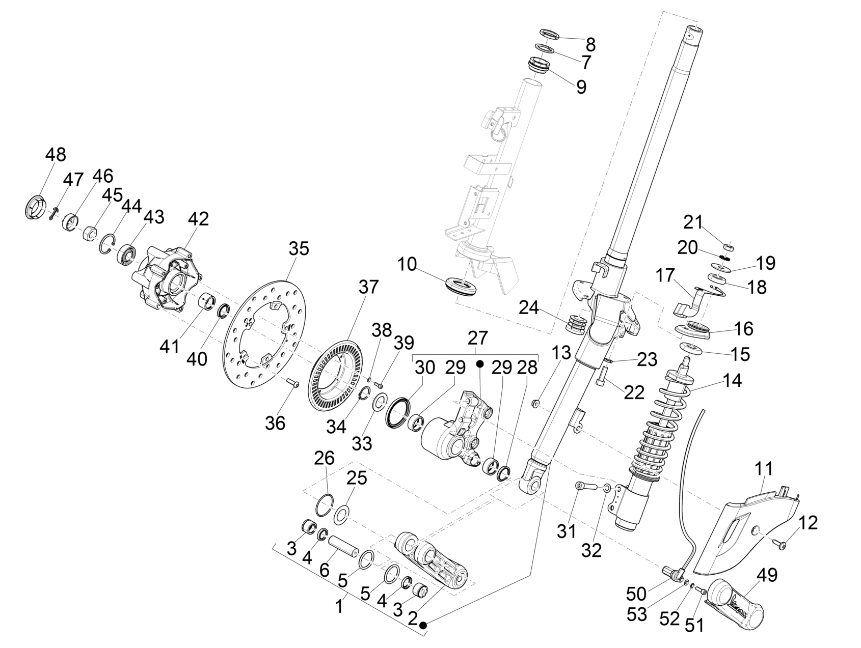 Vespa Sprint 150 4T 3V Iget ABS E4 2016-2023 NAFTA — Voorvork - Balhoofdset