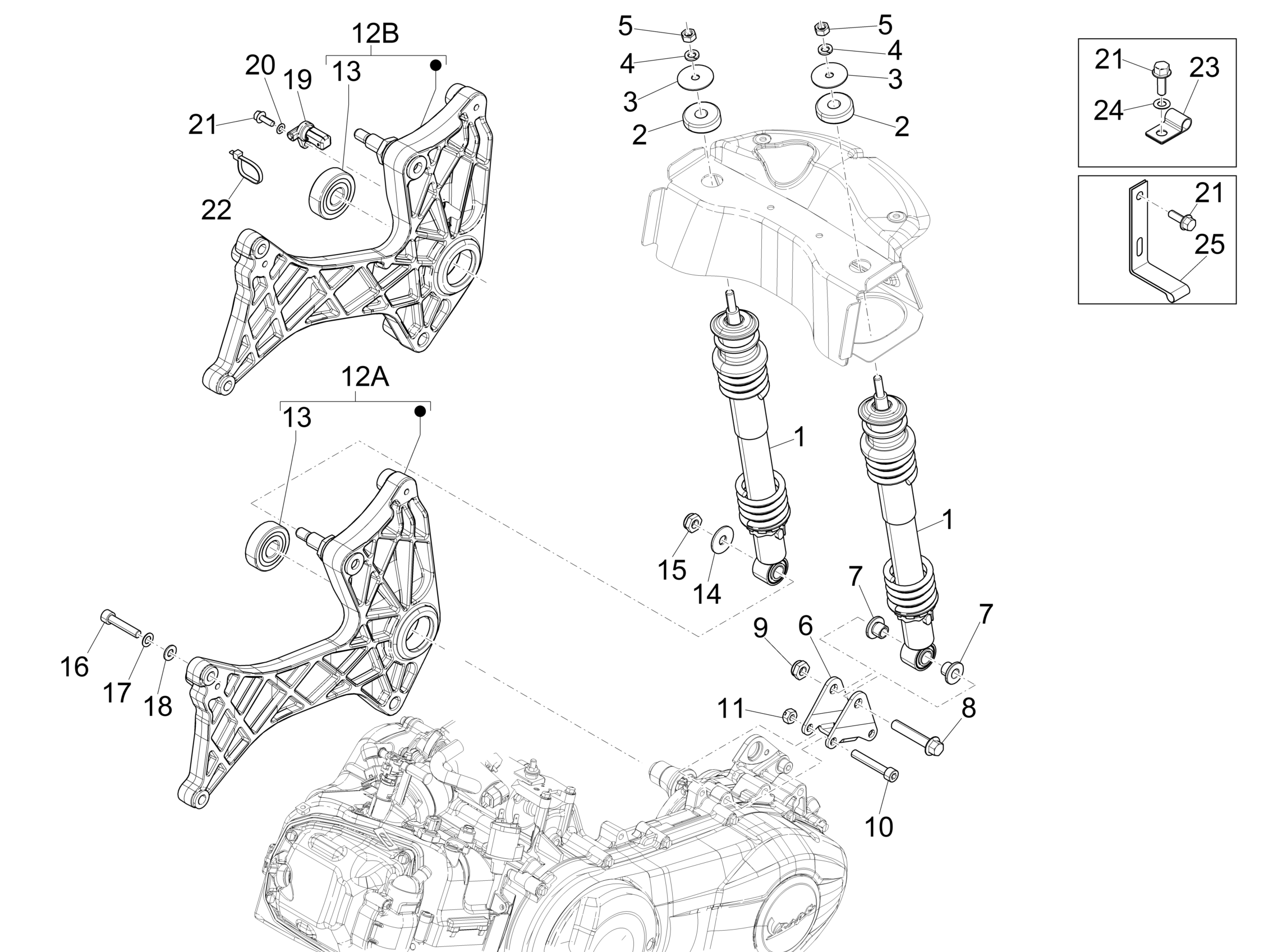 Vespa GTS 300 4T 4V ie ABS no ABS E3 2012-2016 EMEA APAC — Achterwielophanging - Schokdemper