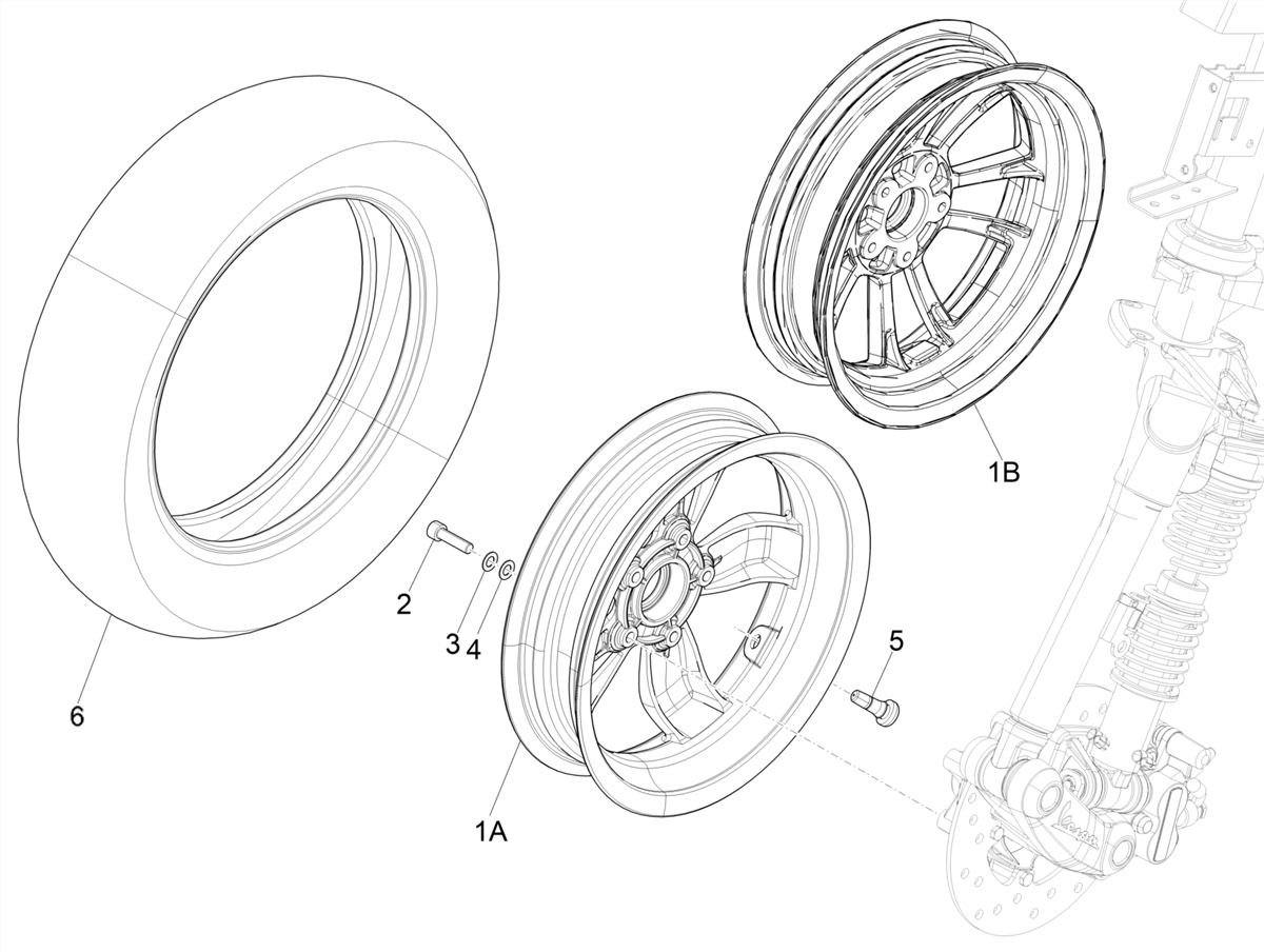 Vespa Primavera 150 4T 3V Iget ABS no ABS E2 E3 E4 2016-2023 APAC — Voorwiel