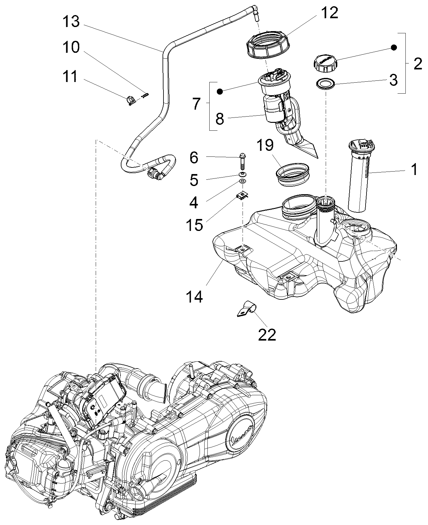 Vespa S 125 4T 3V ie no ABS E3 2013 APAC — Brandstoftank