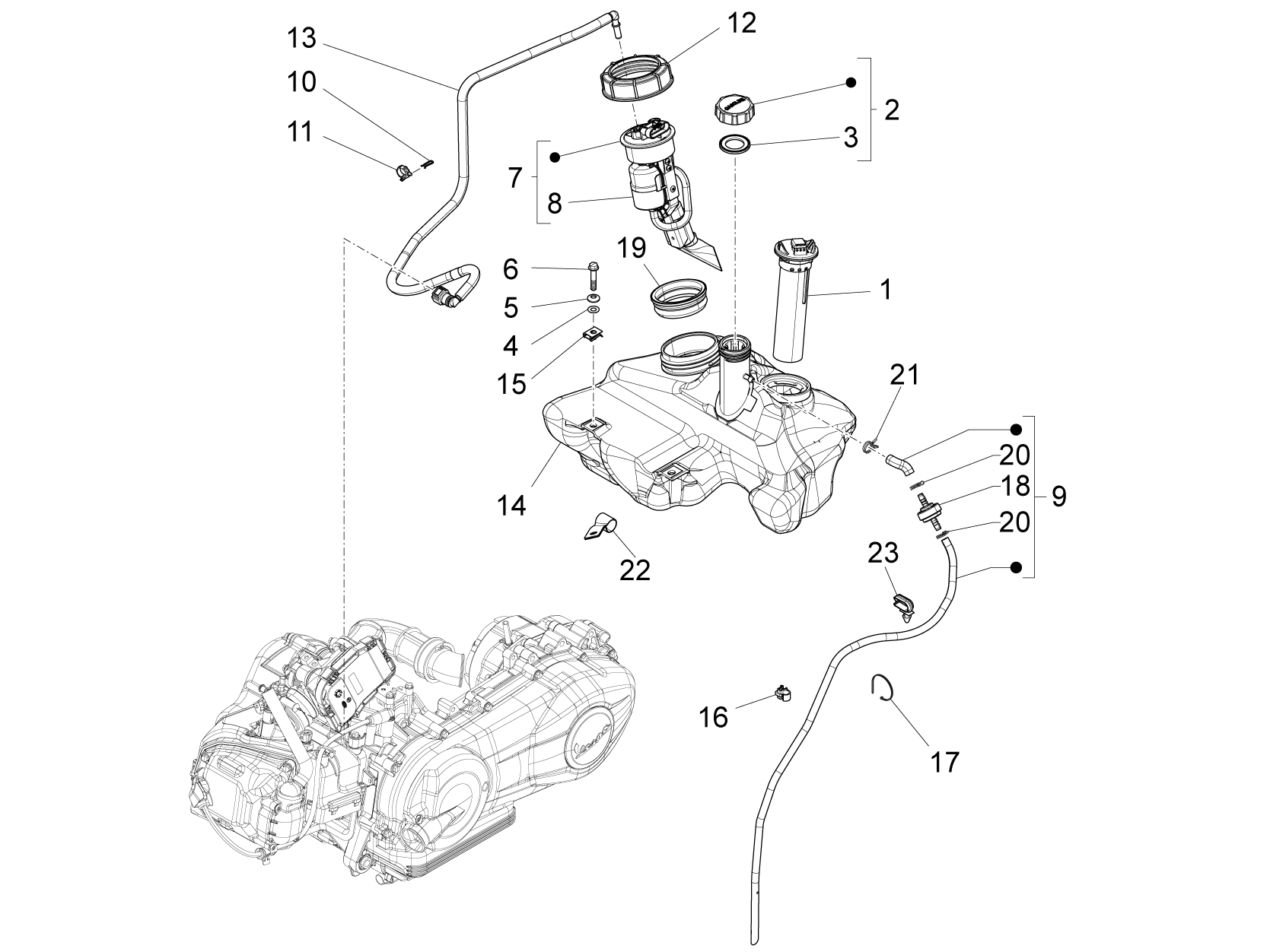 Vespa S 150 4T 3V ie no ABS E3 2012-2014 APAC — Brandstoftank
