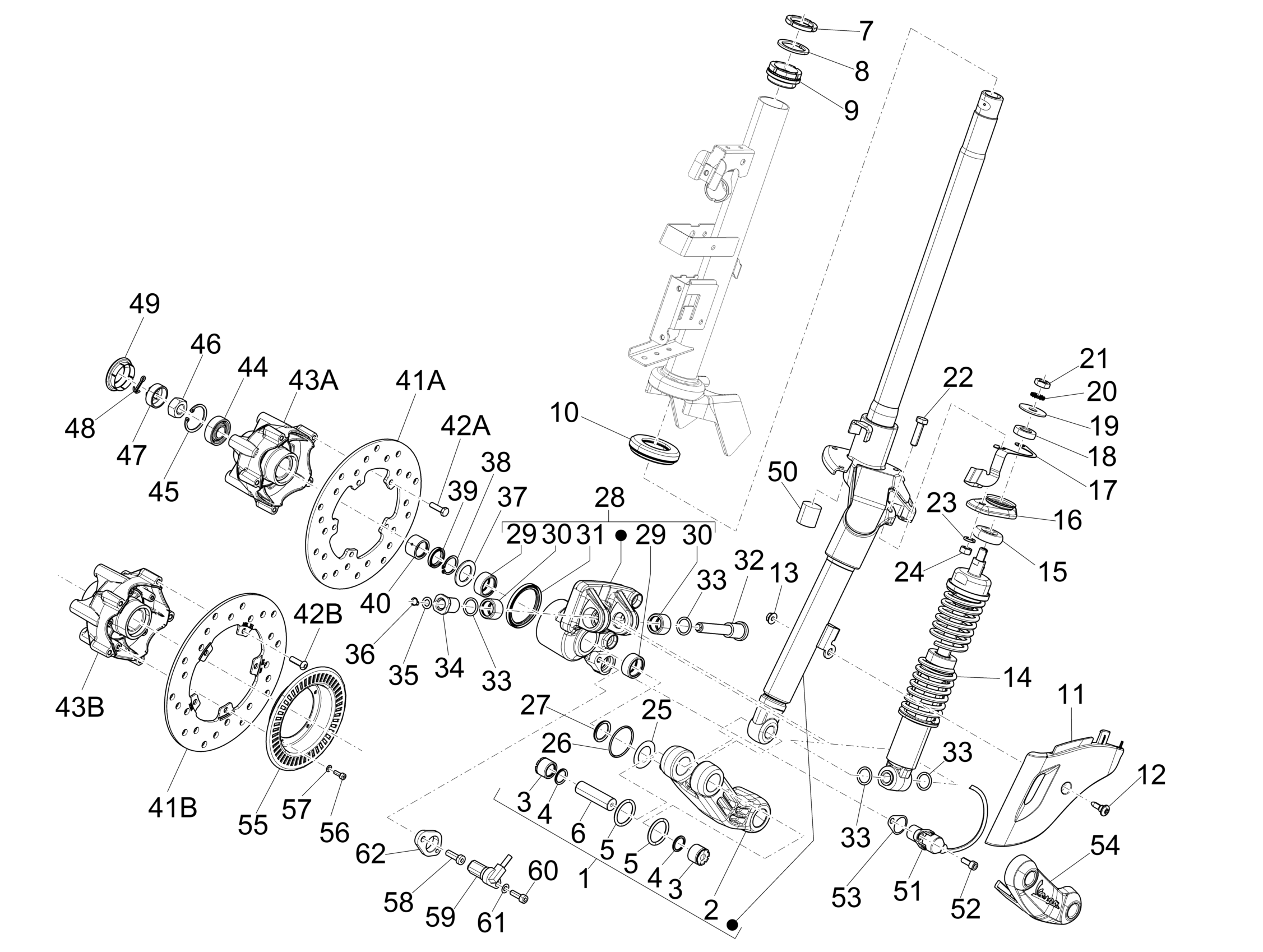 Vespa Primavera 150 4T 3V ie ABS no ABS E3 E4 2013-2016 EMEA LATAM APAC — Voorvork - Balhoofdset