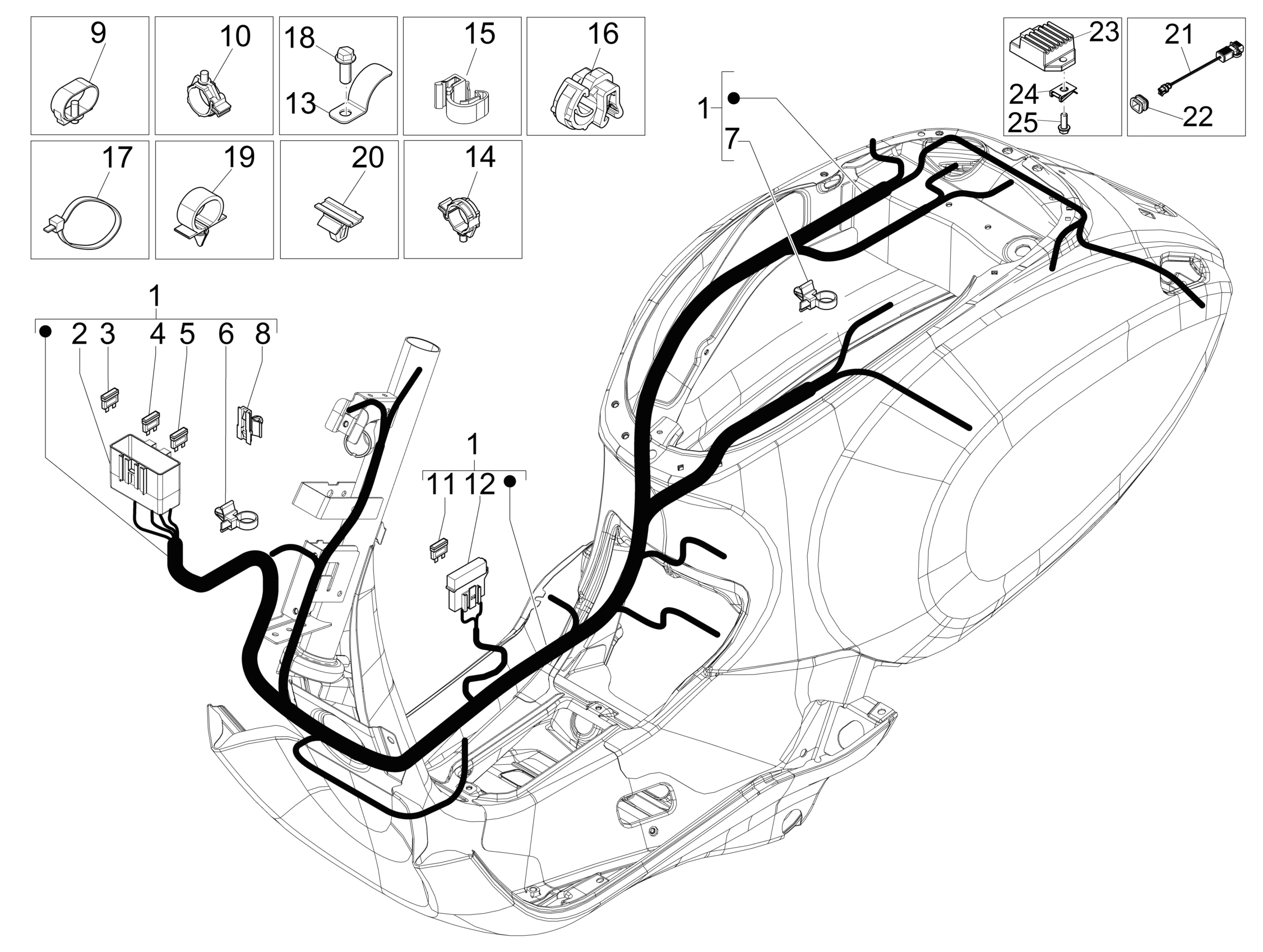 Vespa Primavera 50 4T 4V no ABS E2 2013-2017 EMEA — Hoofdkabelboom