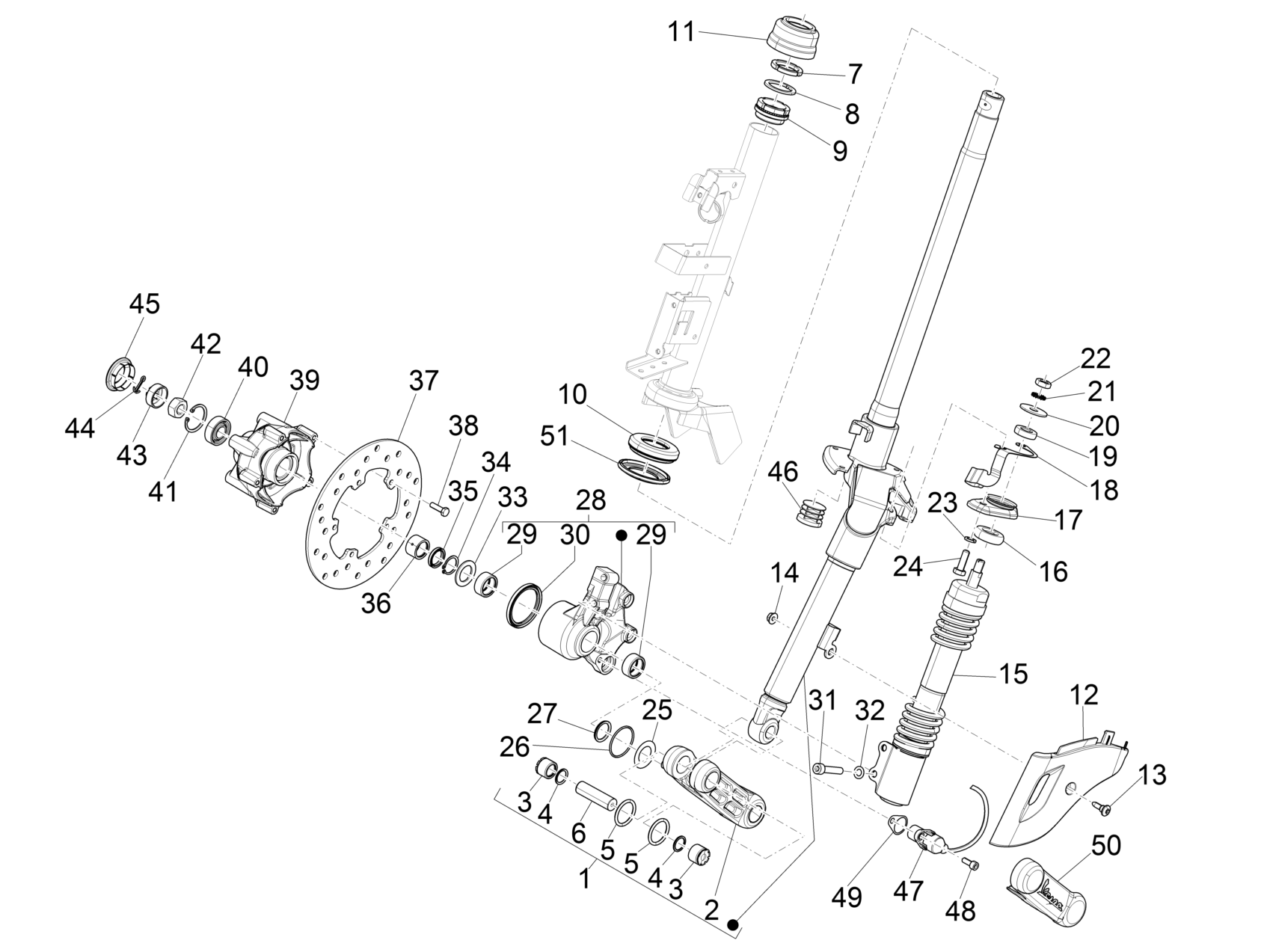 Vespa Primavera 150 4T 3V ie no ABS E3 2013-2015 APAC LATAM — Voorvork - Balhoofdset