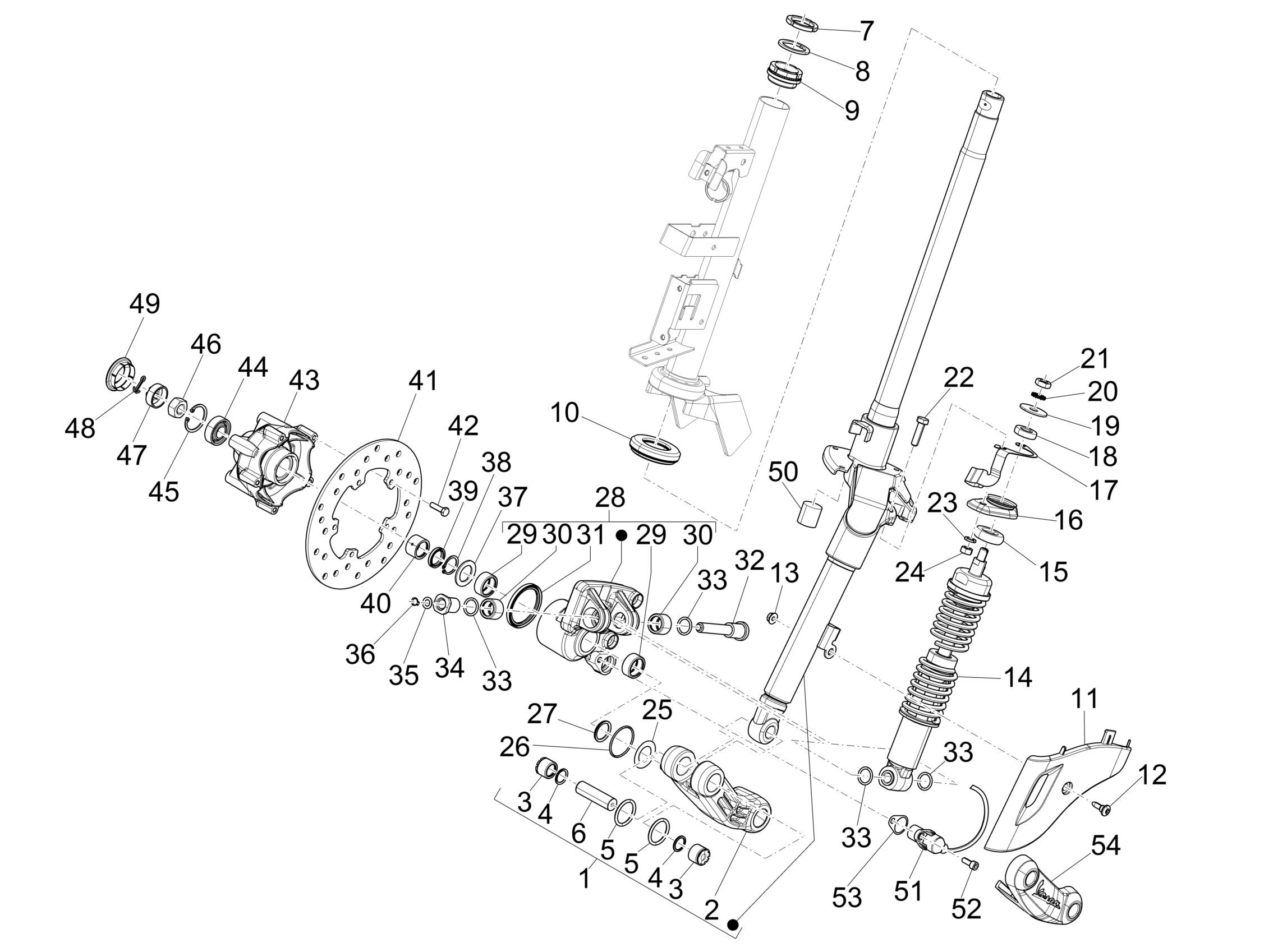Vespa Primavera 150 4T 3V ie no ABS E3 2014-2016 NAFTA — Voorvork - Balhoofdset