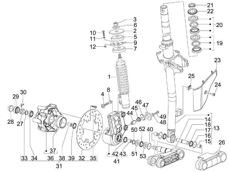 Vespa S 150 4T 2V no ABS E2 2007 NAFTA — Voorvork - Balhoofdset
