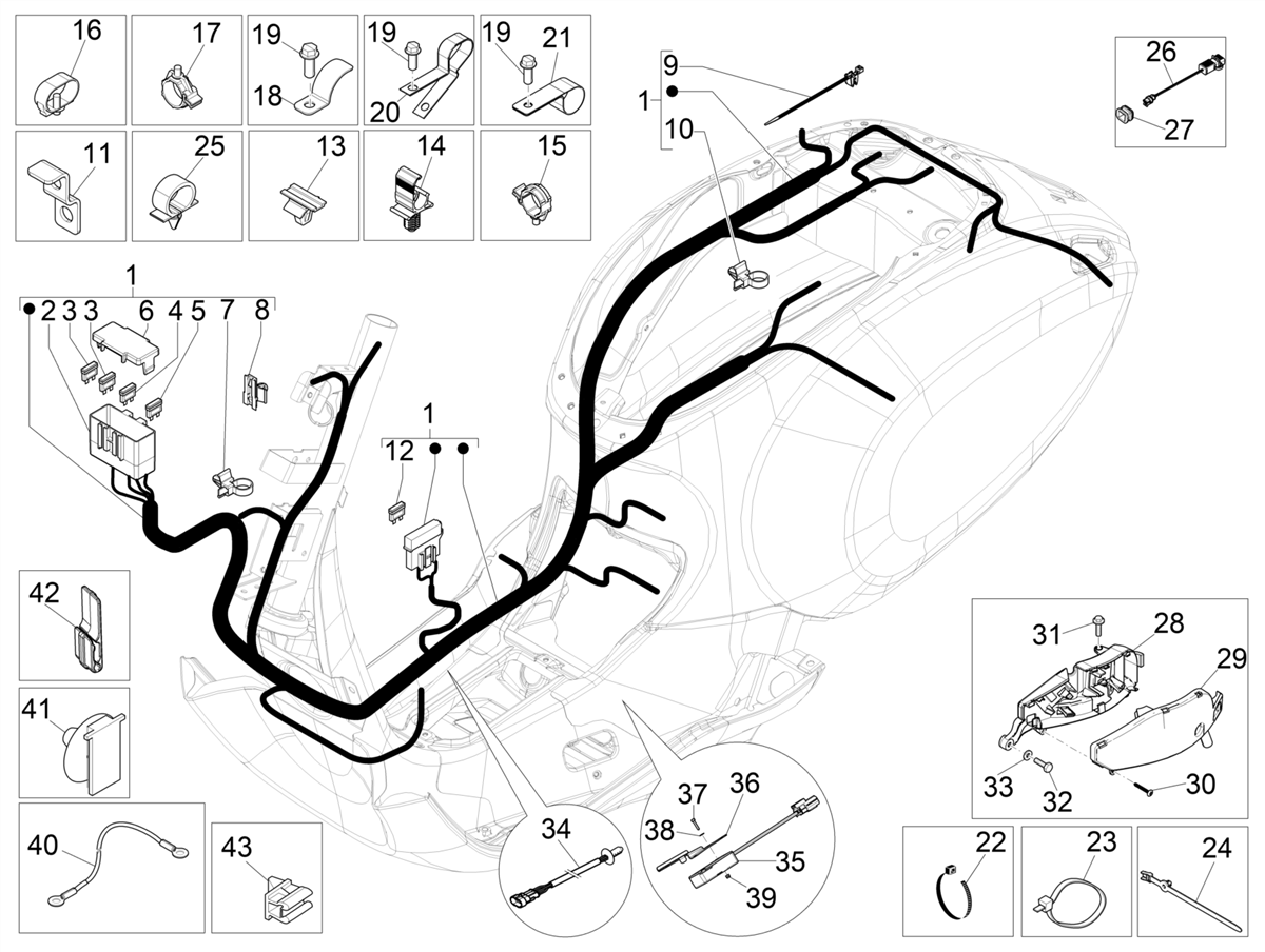 Vespa Primavera 150 4T 3V Iget ABS E4 2016-2023 NAFTA — Hoofdkabelboom