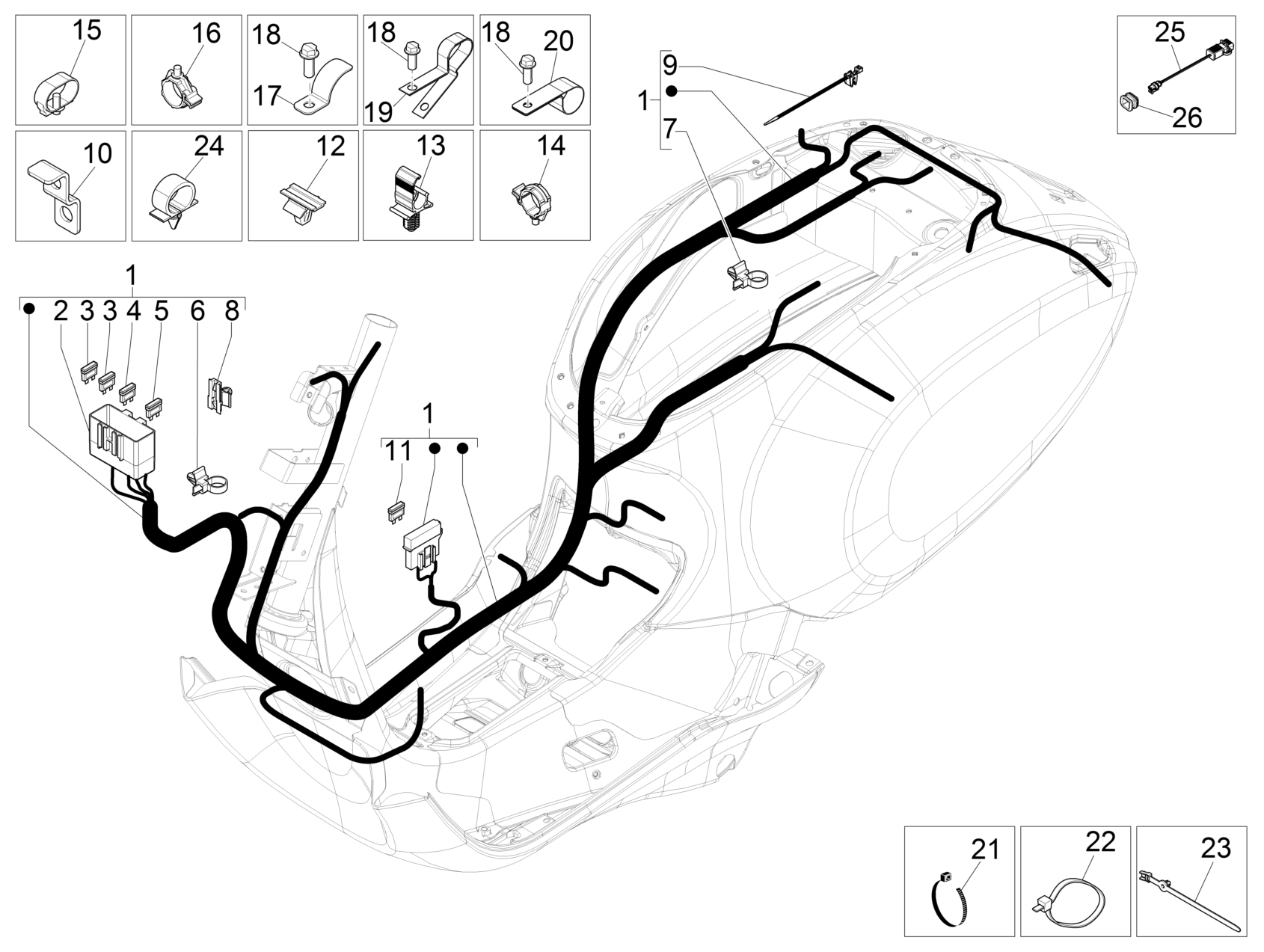 Vespa Primavera 150 4T 3V ie no ABS E3 2014-2016 NAFTA — Hoofdkabelboom